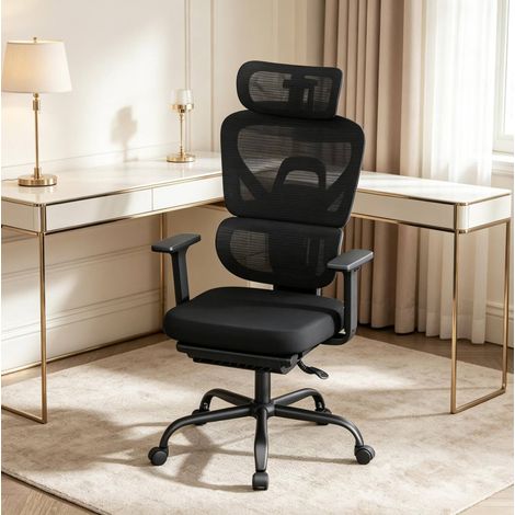 REDOM Bürostuhl, ergonomisch, mit 3D Armlehnen und 3D Kopfstütze, klappbarer Fußstütze, Mesh, Schwarz (1/5)