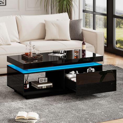 Table basse — Table de salon rectangulaire (avec éclairage LED 15 couleurs), Table d'appoint, Décoration intérieure (1/5)
