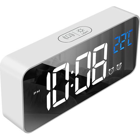 Reloj despertador LED multifuncional con superficie espejada, funcionamiento silencioso, para oficina o hogar, ABS blanco. (1/5)