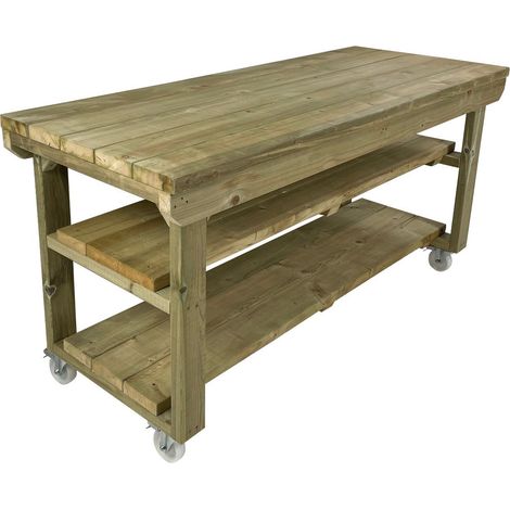 Wooden Super Heavy Duty Indoor / Outdoor Workbench, 5ft (150cm) With wheels and Double shelf