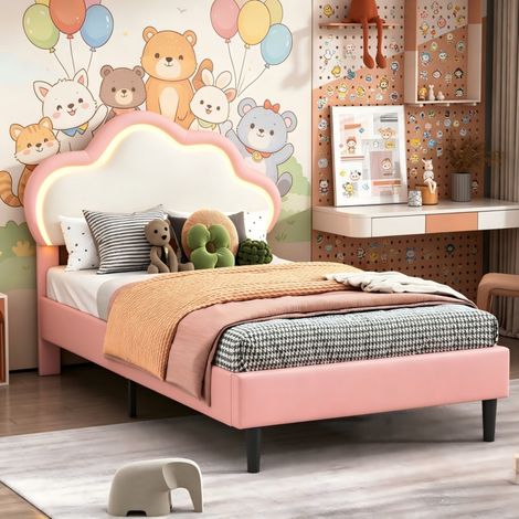 Lit Filles rembourré 90x200, Lit enfant 1 Places avec LED, Cadre de lit d'Ado, Tête de lit en forme de nuage à hauteur réglable, PU, Blanc+Rose, sommier Non (1/5)