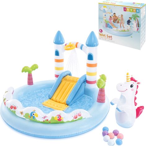 Einhorn-Schloss-Wasserspielplatz mit Rutsche, 196 x 178 x 127 cm