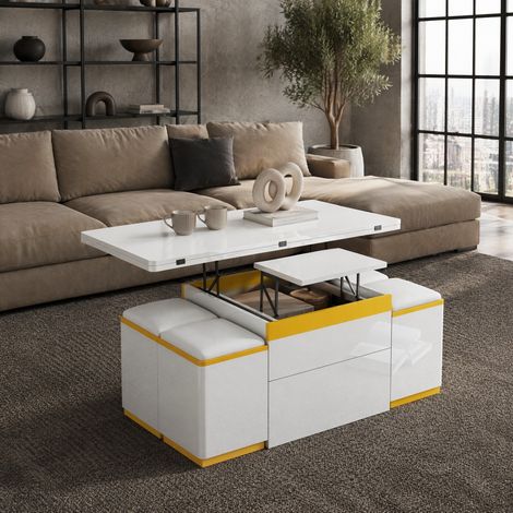 Mesa de centro elevable y plegable 100 x 50 x 43 cm con almacenaje, blanca y amarilla DESVIAE (1/5)