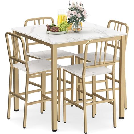 Table de salle à manger avec 4 chaises, table haute de cuisine et 4 tabourets de bar à dossier incliné, structure en métal, pour 6 personnes, style (1/5)