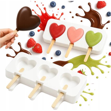 Molde de silicona para helado con forma de coraz贸n (3 unidades) + 50 palitos de helado y bombones (1/5)