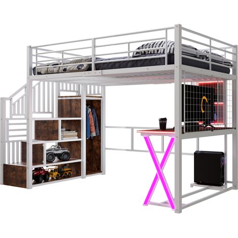 Lit mezzanine 140x200 cm avec bureau, armoire, étagères et échelle de rangement, éclairage d'ambiance LED télécommandé, structure métal et MDF blanche CHICFURN (1/5)