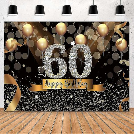 Papier peint photo pour un 60e anniversaire (adulte), 213 x 152 cm, effet bokeh circulaire, paillettes, ballons dorés, papier peint festif noir et or (1/4)