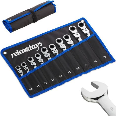 Relaxdays Clé ajustable jeu de 10, plate, à oeil et cliquet, articulation, 10-19 mm, pochette, noir (1/5)
