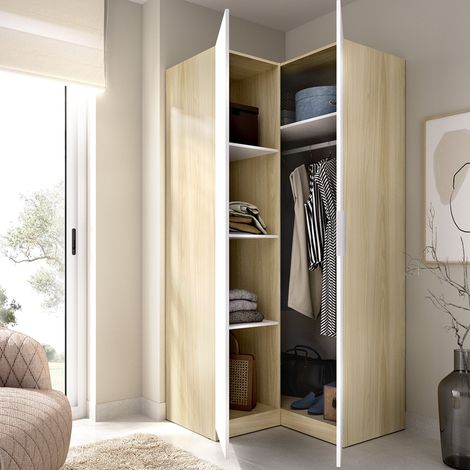 Armario 2 Puertas Luber, Ropero Dormitorio con Barras, Cajones, 4 Estantes, 95x204h cm Blanco (1/5)