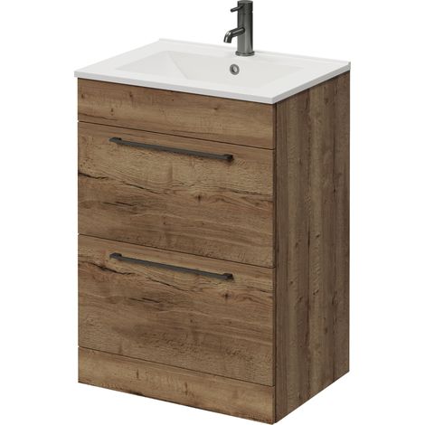 Napoli 460 Tobacco Oak 600mm 2 Drawer Vanity Unit with Angel Basin - 600mm - Gunmetal Grey 320mm Handle