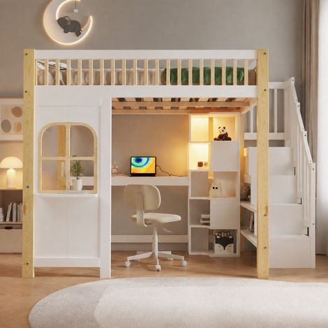 Cama alta 140x200 cm con escritorio, estantes, escalera con almacenaje, ventana, luz LED y diseño de casa, color blanco y madera natural para niños - CHICFURN (1/5)