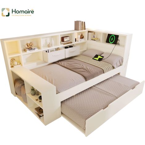 Bettgestell Weiß und Polyester 244 x 116 x 90 cm aus Holz mit Stauraum HOMAIRE (1/5)