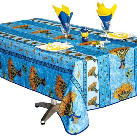 Nappe Provençale Rectangle Anti-Tâches, Bouquet de Blé Bleu - 240 x 150 cm - bleu