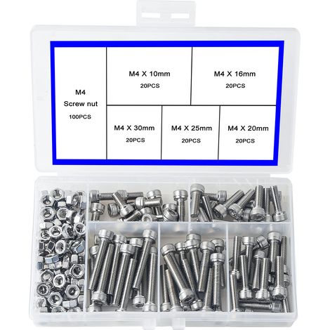 M4 Vis à Tête Cylindrique à Six Pans Creux en Acier Inoxydable 304 Pièces Mécaniques à Tête Cylindrique à Six Pans Creux et à écrous Bouton à Tête Hexagonale Socket(Boulon 100PCS, écrou 100PCS) (1/5)