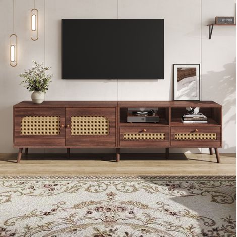 Mueble TV 200x37x49,5 cm en tablero de partículas marrón, almacenaje integrado para salón – MEUBLIV (1/5)