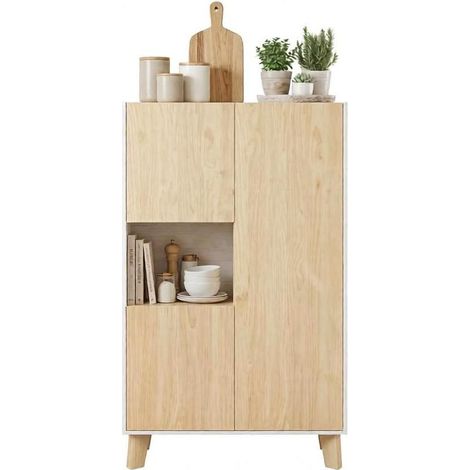 Buffet aparador moderno con 6 compartimentos 80 x 40 x 135 cm blanco y roble claro HOMVRA (1/4)
