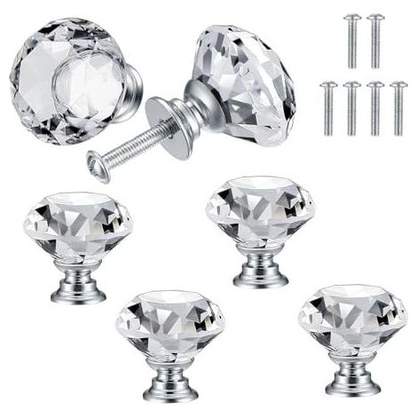 Lot de 6 Poignées de Porte en Cristal, Boutons Diamant pour Meubles, Poignées de Tiroir et Armoire de Cuisine, Design Luxueux, Fixation 30 mm (1/4)