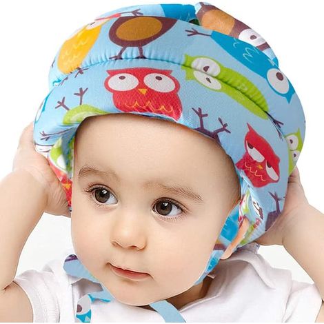 Casque bébé - Protection de la tête pour nourrisson et tout-petit - Chapeau de protection en coton ajustable - Casque de sécurité pour apprendre à grimper et à marcher - Motif hibou bleu (1/5)