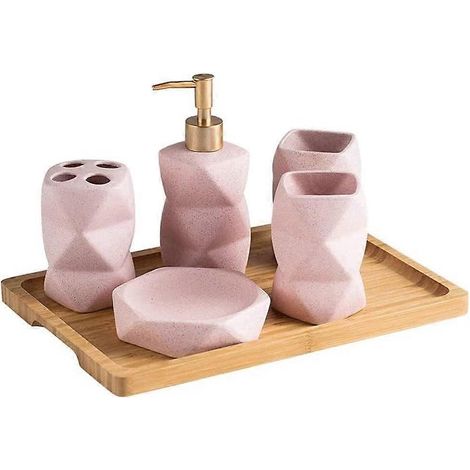 Ensemble de 6 accessoires de salle de bain en céramique avec plateau en bambou, motif géométrique blanc et rose (1/5)