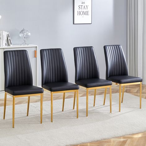Juego de 4 sillas de comedor de PU negro con patas de metal dorado y respaldo ergonómico (1/5)