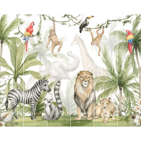 Papier peint mural à motif jungle safari 305x244 cm – Lavable et facile à poser – Décoration chambre enfant – Colle incluse – Walltastic (1/4)