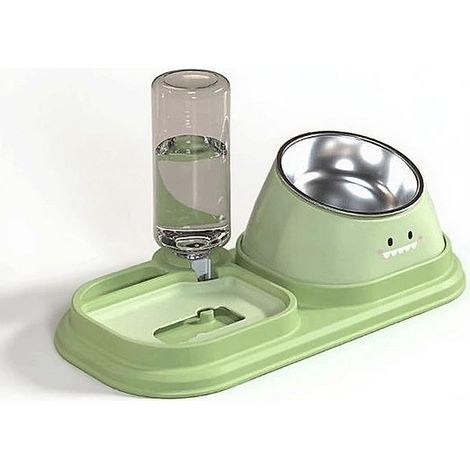 Distributeur gravité eau et nourriture avec gamelle inox inclinée à 16°, surélevée et anti-débordement (1/4)