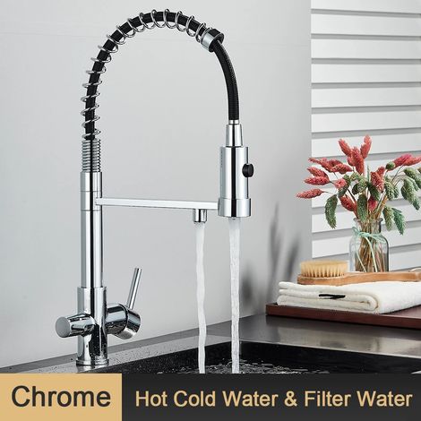 Robinet de cuisine chromé à filtre extractible, noir, 3 voies, eau pure, mitigeur flexible en laiton à 360° pour purification d'eau. (1/5)