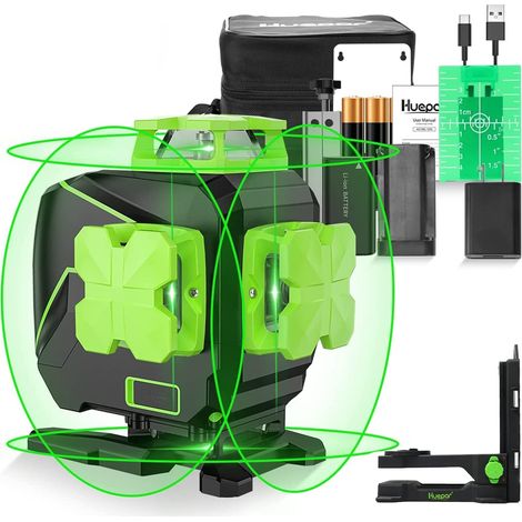 Nivel láser autonivelante Huepar de 16 líneas, 4 líneas cruzadas de 360°, herramienta láser recargable de haz verde 4D para pisos de baldosas, 2 líneas láser horizontales de 360° y 2 líneas láser vert