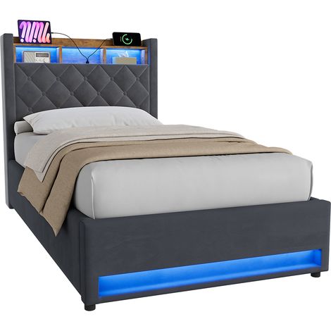 Cama tapizada 90x200 cm con terciopelo gris, LED regulable, USB y 2 enchufes, somier elevable con almacenaje y estructura de metal y madera – CHICFURN para dormitorio (1/5)