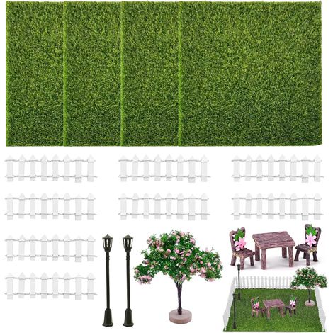 18 Pièces Herbe Artificielle Décoration, 15 X 15cm Gazon Synthétique Comprend des Arbres Miniatures, des Lampadaires des Clôtures pour Jardin Balcon Modèle de Construction Micro Paysages (1/5)