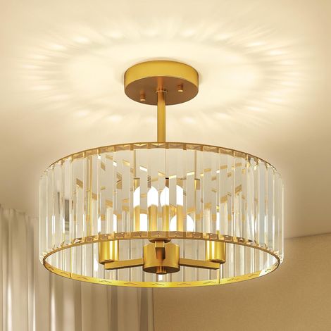 Deckenlampe, Kronleuchter-Design, Kristallschirm, 3 Glühbirnen, Metall, Goldfarben (1/5)