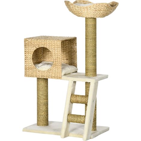 Rascador de 100,5 cm de alto, árbol para gatos con cueva para gatos, cama, escaleras para gatos con postes rascadores de sisal, cojín, para gatos pequeños, natural