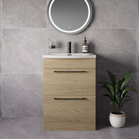 Napoli 390 Light Oak 600mm 2 Drawer Vanity Unit with Arc Basin - 600mm - Matt Black 320mm Handle
