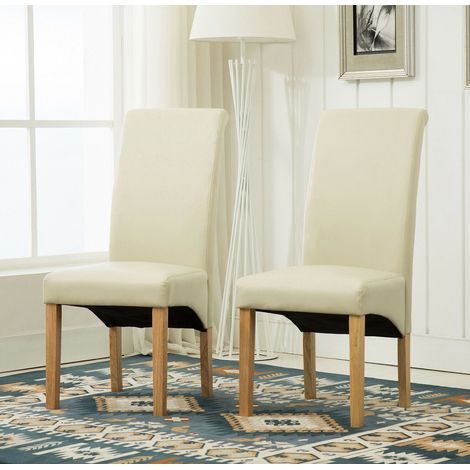 Set of 2 Faux Leather Dining Chairs Roll Top Scroll High Back home restaurants CREAM