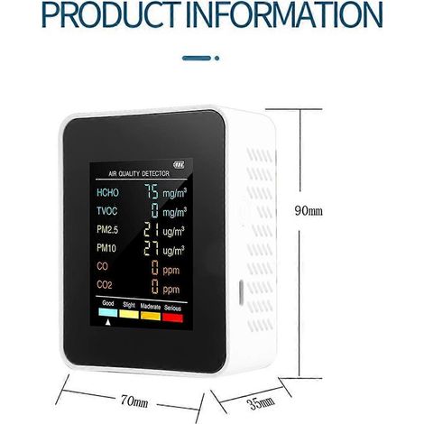 Détecteur de qualité de l'air 6 en 1 (PM2.5, PM10, HCHO, TVOC, CO, CO2, formaldéhyde) pour la maison et le bureau, noir. (1/4)
