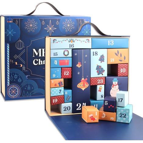 DIY-Adventskalender mit 24 Geschenkboxen – Marineblaue Weihnachtsdekoration – Material: Papier – Maße: 34 x 30,5 x 8 cm (1/5)