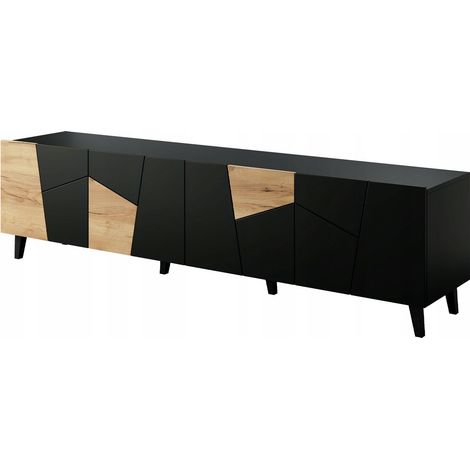 Meuble TV 200x52x42 cm noir mat/noir + chêne artisanal VISO meuble Hi-fi luxueux sur pieds (1/3)