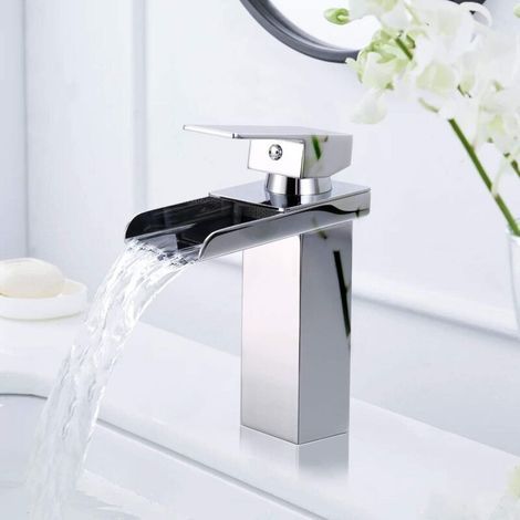 Robinet de salle de bain style cascade - Mitigeur de lavabo chromé - Très grand diamètre (6 cm) - Eau chaude et froide - Acier inoxydable - Cartouche céramique - Design moderne (1/4)