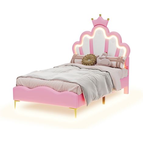 Lit Filles rembourré,lit princesse enfant 90x190 Lit simple,Cadre de lit d'Enfant et d'Ado avec LED, tête de lit Couronne et réglable en Hauteur,Rose+Blanc (1/5)