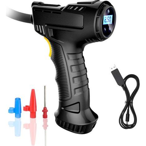 Compresseur d'air sans fil pour gonfler les pneus, gonfleur portable avec manomètre numérique, batterie rechargeable, pompe à pneus sans fil avec lumière LED et 3 embouts pour voiture, vélo, moto (1/4)