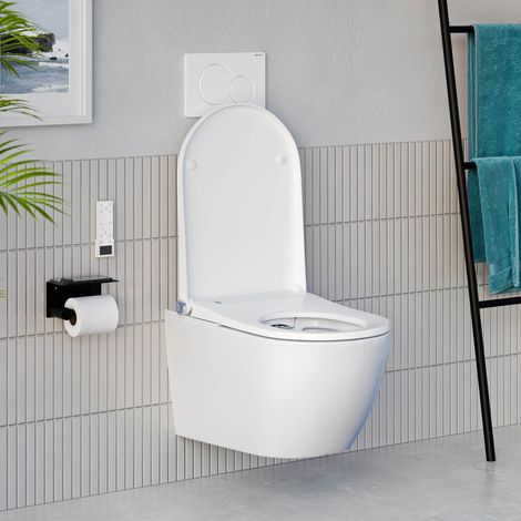 BERNSTEIN - Pack WC japonais PREMIUM 1102 + Bâti-support Geberit, Toilettes suspendu lavant + Télécommande - 38x59x38cm - Plaque Blanc Brillant