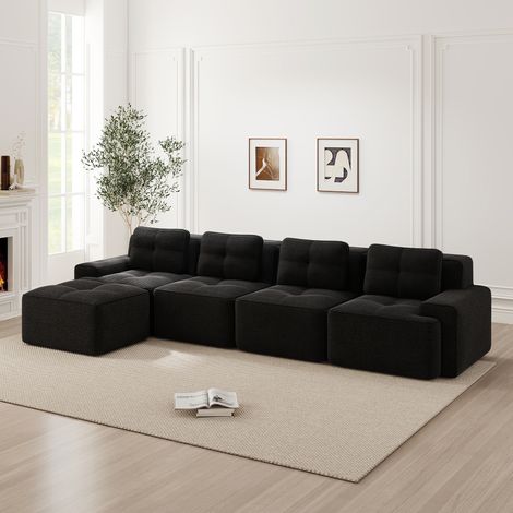 Divano modulare in corduroy nero, 4 posti con chaise longue a L, seduta profonda 74 cm, senza montaggio