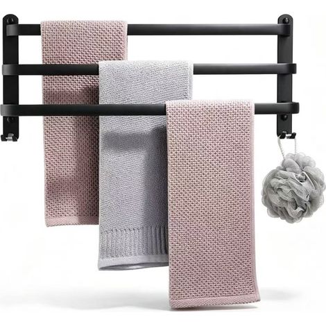 Toallero de pared de aluminio negro con 3 estantes, 60 cm de altura, resistente al agua, ganchos incluidos, se puede fijar a la pared o con adhesivo. (1/5)