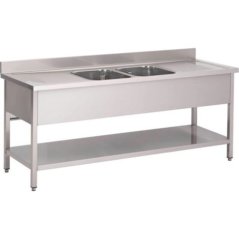 Plonge inox avec étagère basse 2 bacs au centre - 2000 x 700 x 850 mm - Gastro M