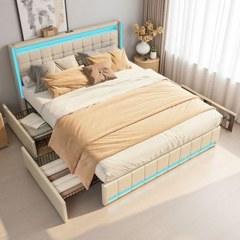 Bett mit Schublade - Doppelbett 180x200 - Beige Leinenstoff - 4 Schubladen mit Rollen - LED RGB & USB Typ-C Anschlüsse