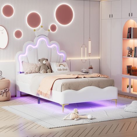 Lit enfant 90x200cm - Éclairage LED - Lit princesse capitonné - Motif couronne - Cuir - Sommier à lattes (1/5)