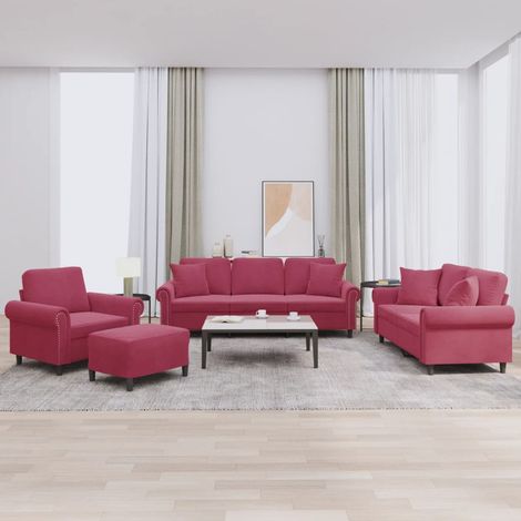 4-tlg. Sofagarnitur mit Kissen Weinrot Samt vidaXL