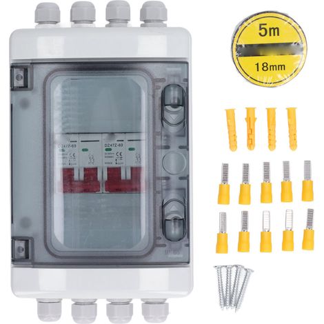 Boîtier de disjoncteur miniature DC 2 entrées 2 sorties, interrupteur de déconnexion solaire PV, distribution électrique étanche IP65 anti-UV 500V 63A (1/5)