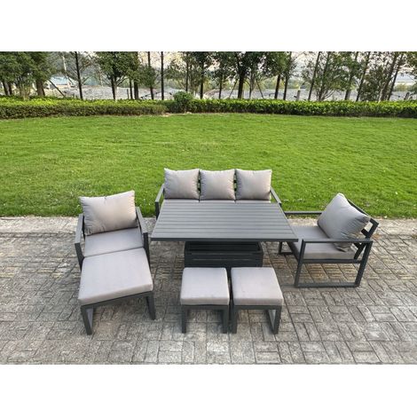 Fimous Aluminium Garden Furniture Sets 8 Seater Outdoor Sofa Set with Adjustable Rising Lifting Dining Table 2 Chairs 3 Footstools (1/5)