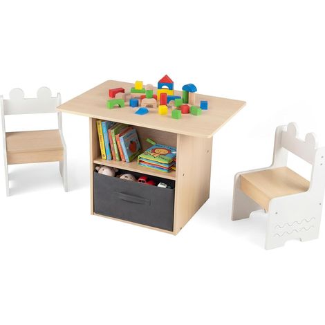Bureau Enfant avec 2 Chaises, avec 2 Compartiments Ouverts, Tiroir Pliable en Tissu, Coins Arrondis, Patins Antidérapants, pour Enfants 3 Ans+, Blanc (1/5)